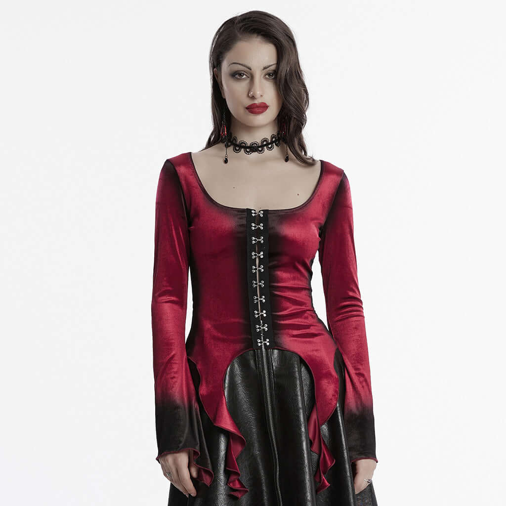 Punk Rave Leticia Burgundy Gradient Velvet Top with Feature Hooks and Eyes