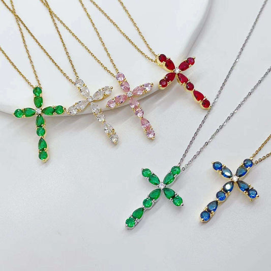 Zircon Water Drops Cross Necklace