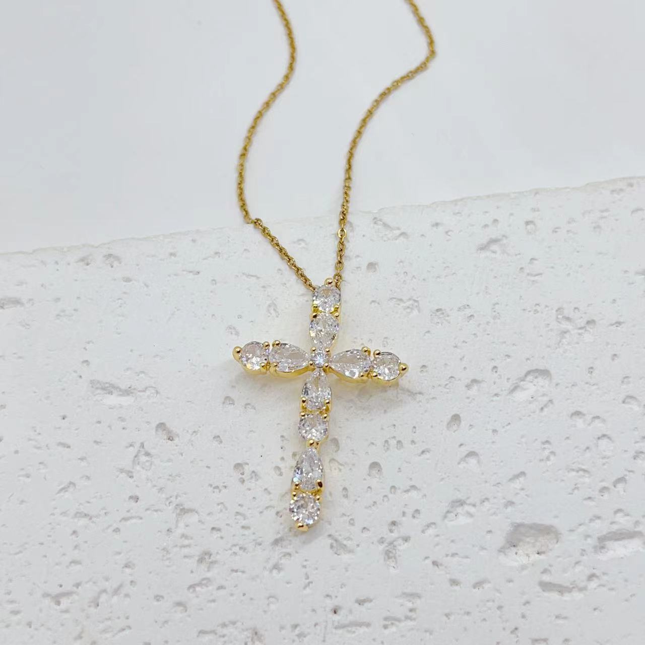 Zircon Water Drops Cross Necklace