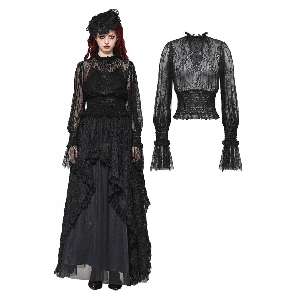 Dark in Love Aoife Black Hollow Lace Elastic Pleated Waist Eyelash Lace Cuff Top