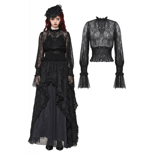Dark in Love Aoife Black Hollow Lace Elastic Pleated Waist Eyelash Lace Cuff Top