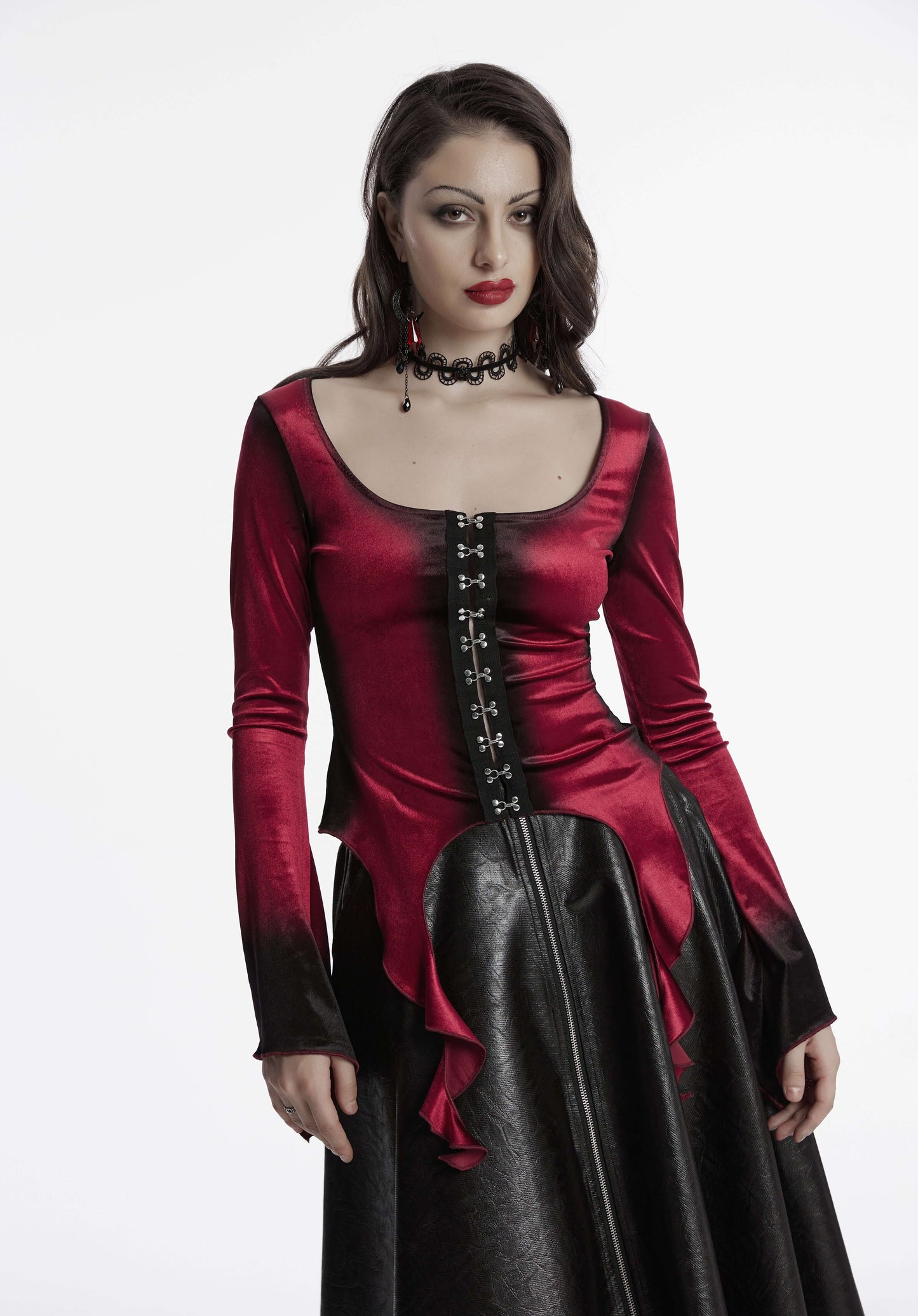 Punk Rave Leticia Burgundy Gradient Velvet Top with Feature Hooks and Eyes