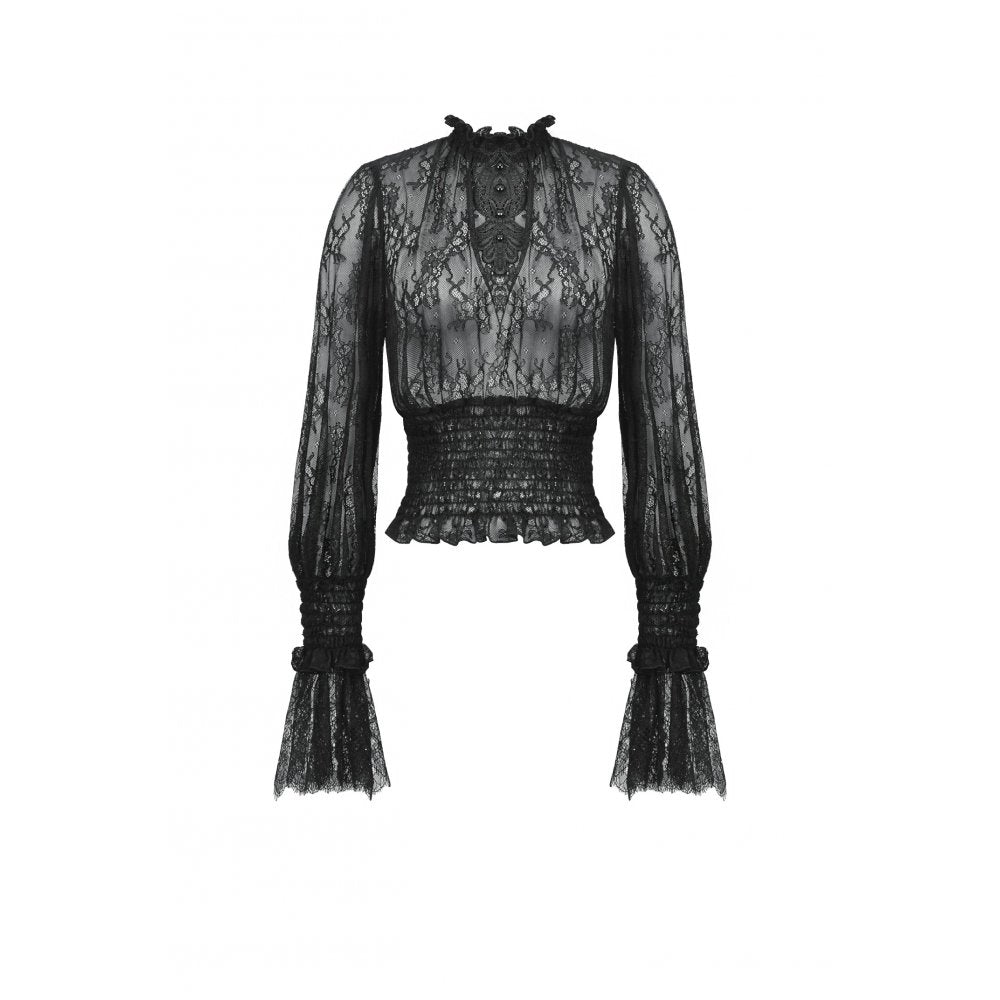 Dark in Love Aoife Black Hollow Lace Elastic Pleated Waist Eyelash Lace Cuff Top