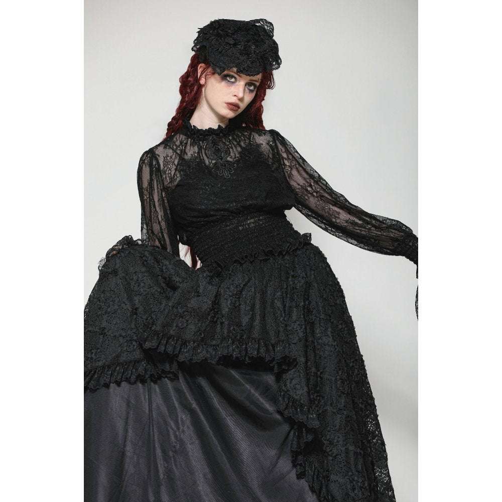 Dark in Love Aoife Black Hollow Lace Elastic Pleated Waist Eyelash Lace Cuff Top