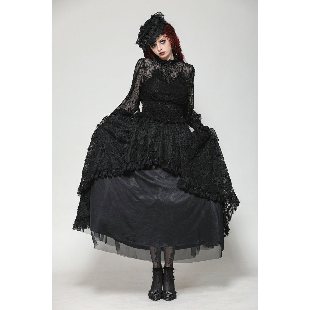 Dark in Love Aoife Black Hollow Lace Elastic Pleated Waist Eyelash Lace Cuff Top