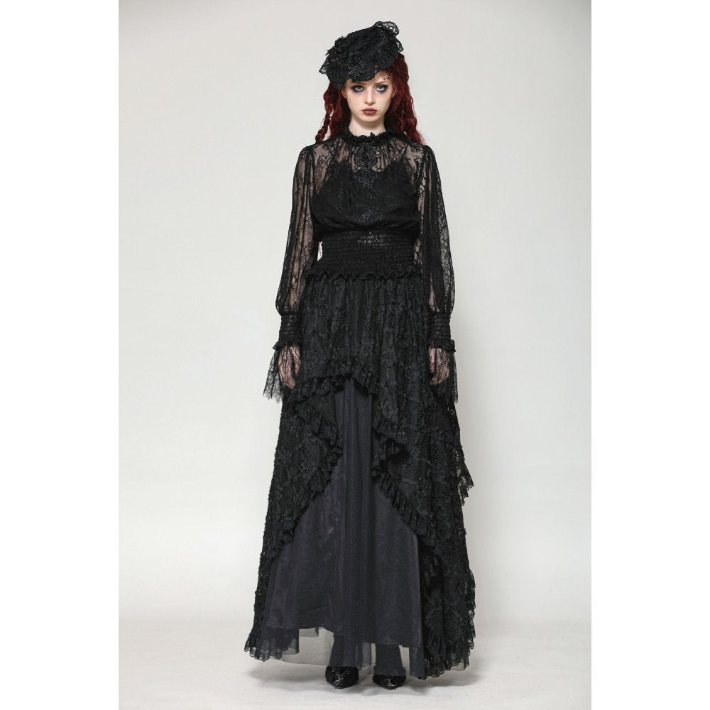 Dark in Love Aoife Black Hollow Lace Elastic Pleated Waist Eyelash Lace Cuff Top