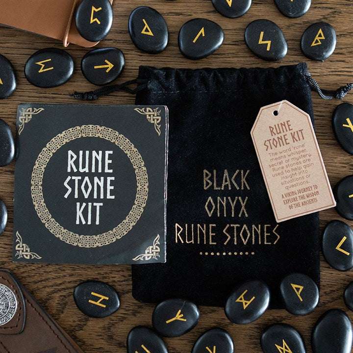 Set of 25 Black Obsidian Viking Rune Stones
