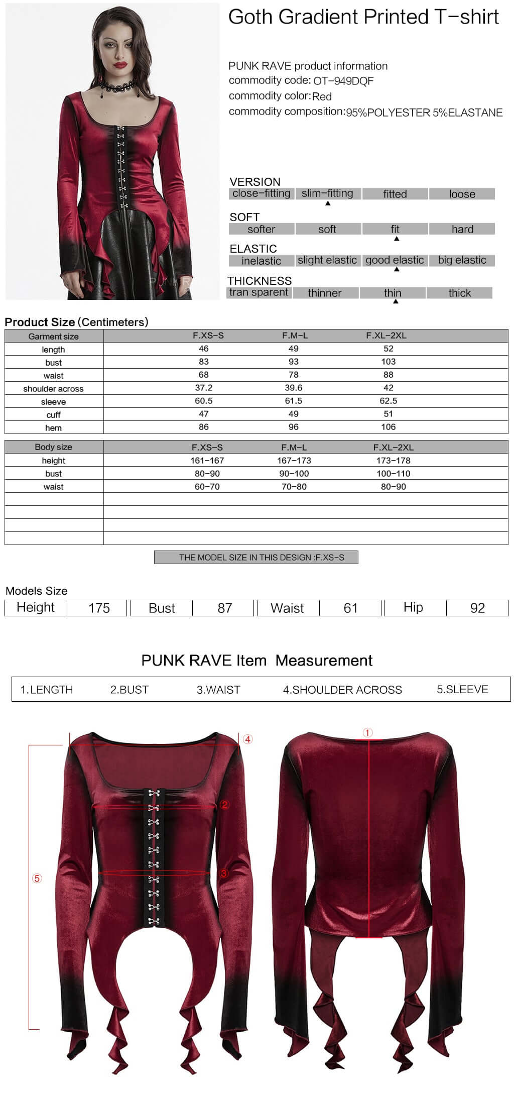 Punk Rave Leticia Burgundy Gradient Velvet Top with Feature Hooks and Eyes