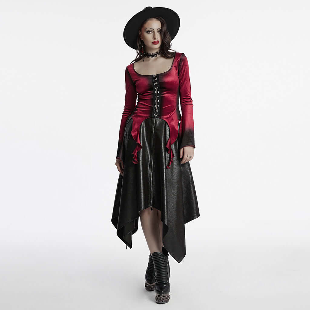 Punk Rave Leticia Burgundy Gradient Velvet Top with Feature Hooks and Eyes