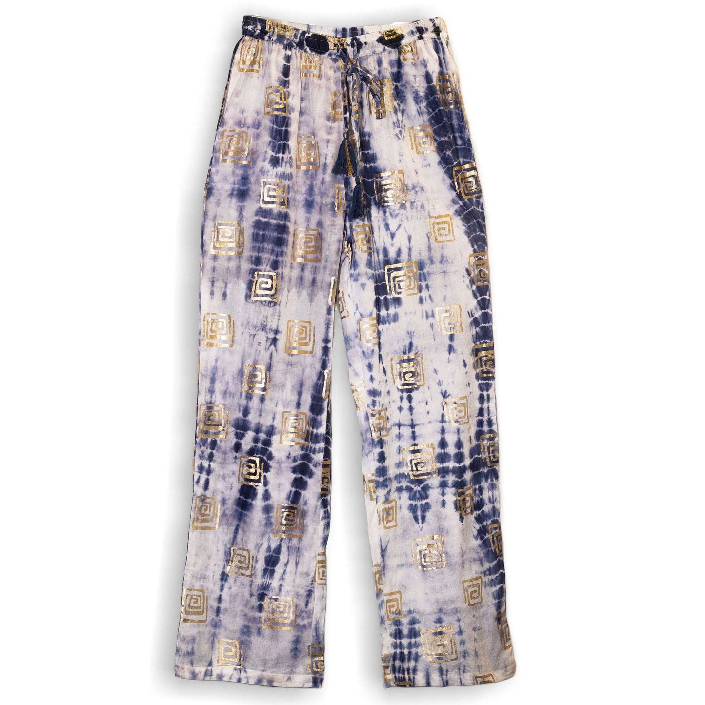 (LXL) Nomad Sari On the Med Collection - Lounge Pants - Gold & Blue Greek Motif - Handpainted