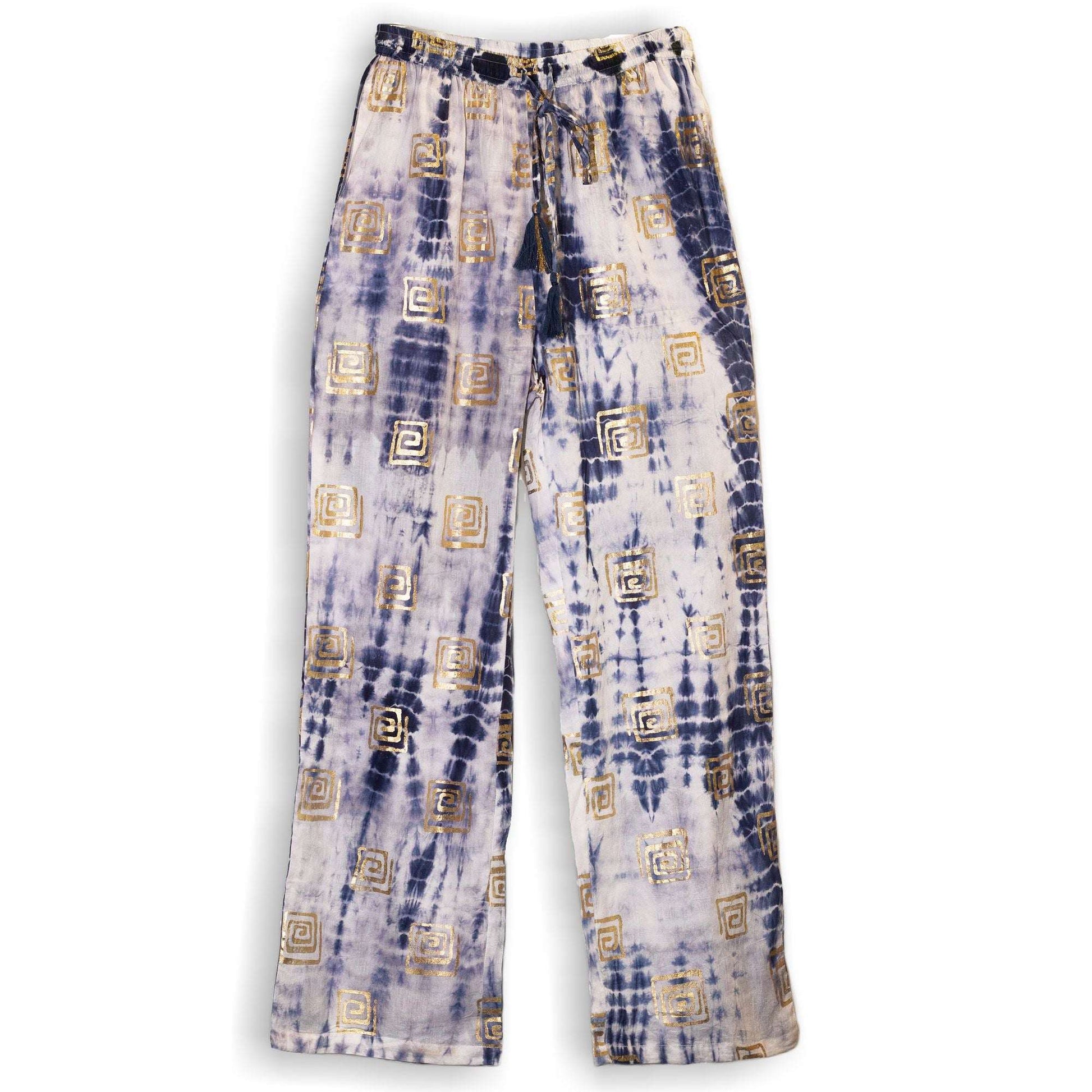 (LXL) Nomad Sari On the Med Collection - Lounge Pants - Gold & Blue Greek Motif - Handpainted