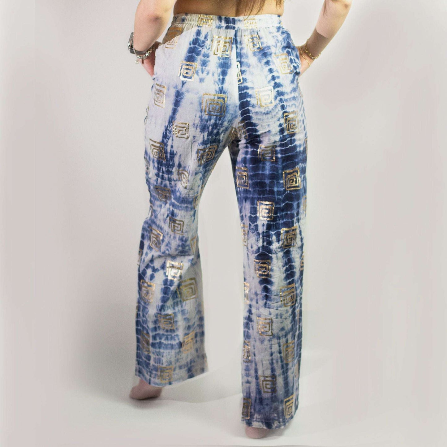(LXL) Nomad Sari On the Med Collection - Lounge Pants - Gold & Blue Greek Motif - Handpainted