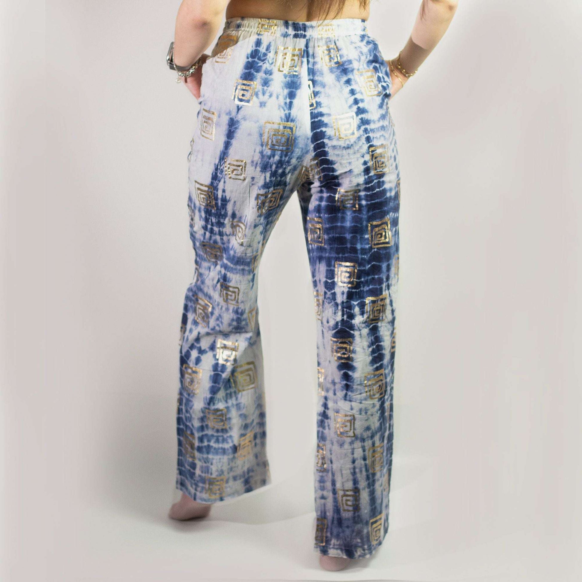 (LXL) Nomad Sari On the Med Collection - Lounge Pants - Gold & Blue Greek Motif - Handpainted