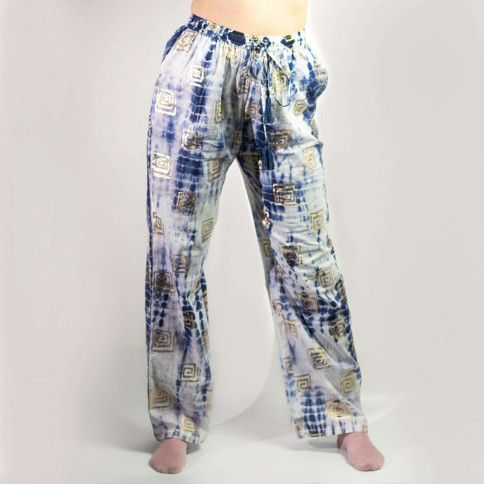 (LXL) Nomad Sari On the Med Collection - Lounge Pants - Gold & Blue Greek Motif - Handpainted