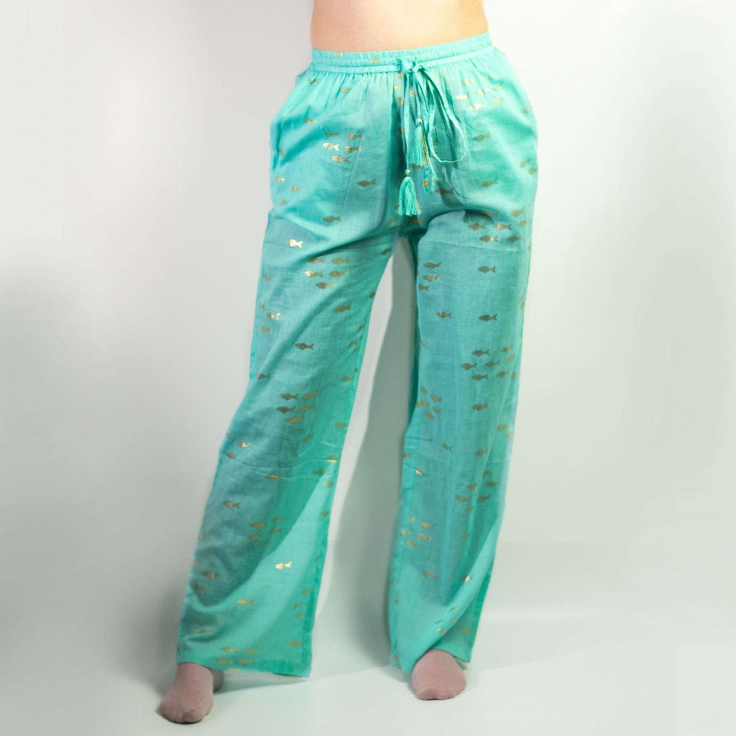 (LXL) Nomad Sari On the Med Collection - Lounge Pants - Turquoise & Gold Fish Design