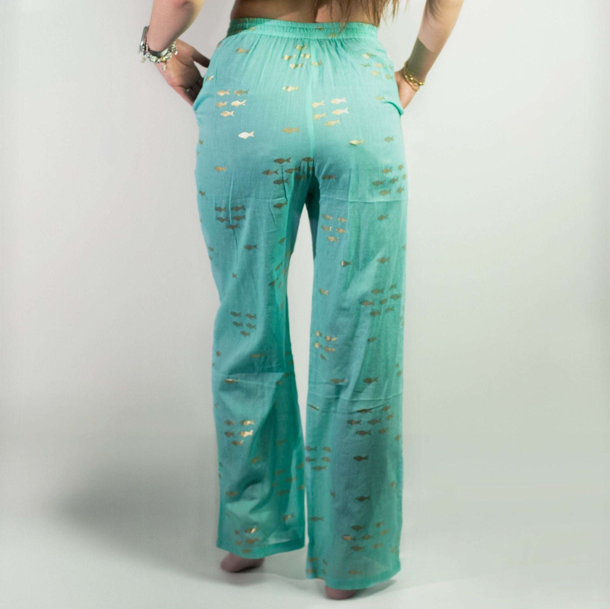 (LXL) Nomad Sari On the Med Collection - Lounge Pants - Turquoise & Gold Fish Design