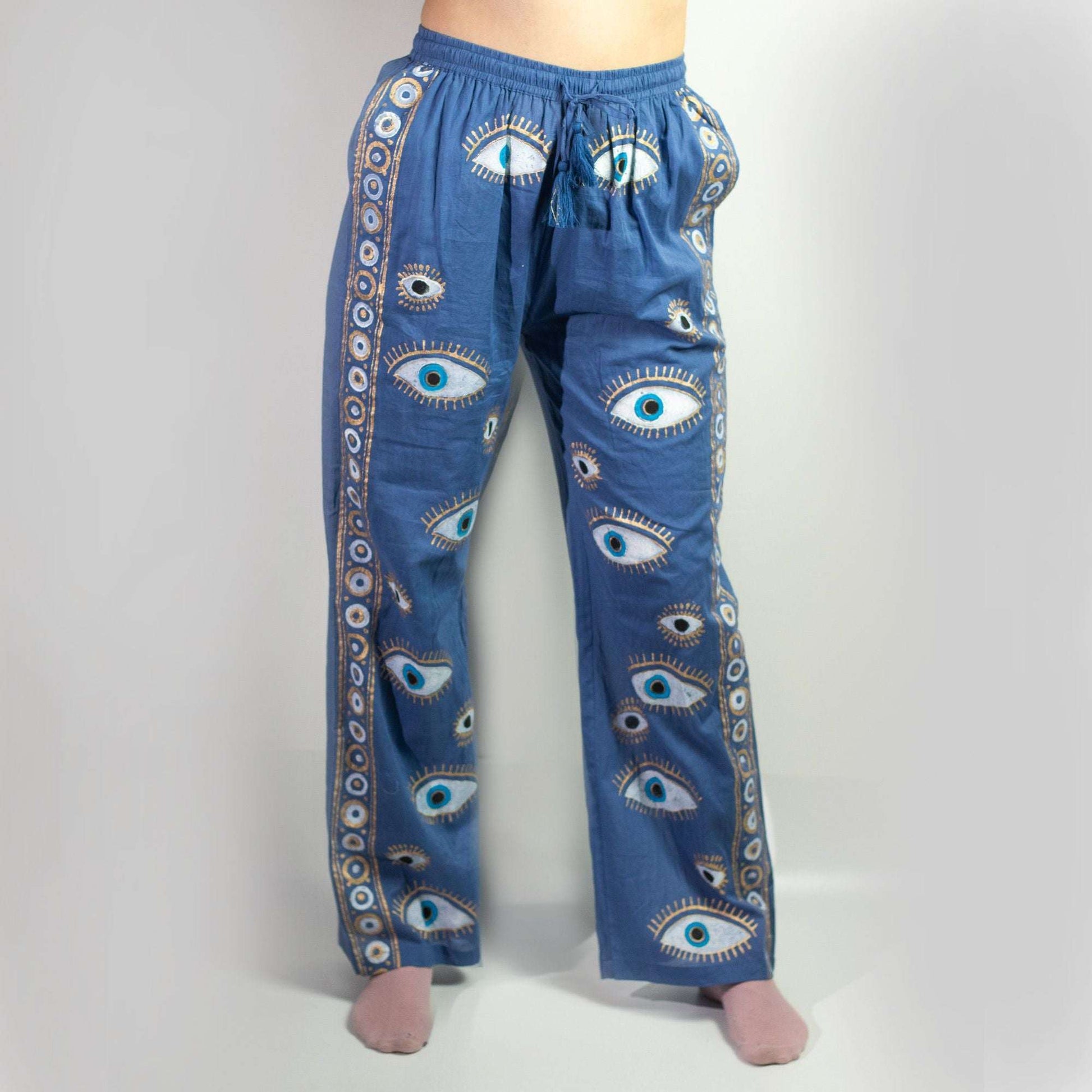 (LXL) Nomad Sari On the Med Collection - Lounge Pants - Rich Blue & Gold Hand Painted Evil Eye Design