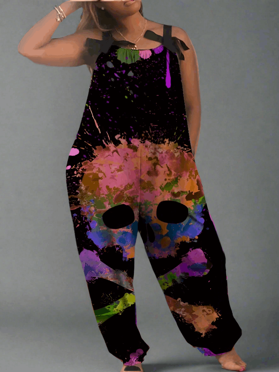 2.Women’s Gothic Skull Print Wide-Leg Jumpsuit