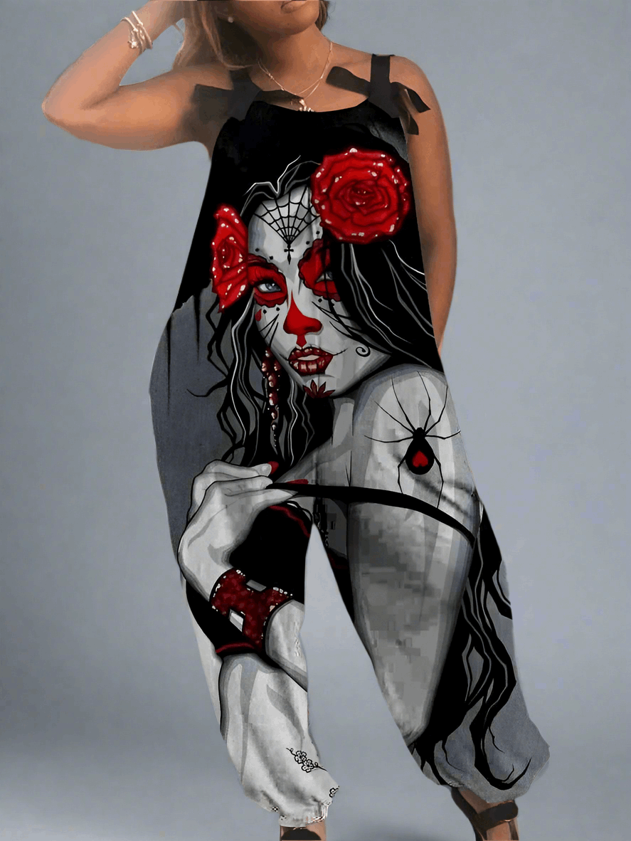 2.Women’s Gothic Skull Print Wide-Leg Jumpsuit