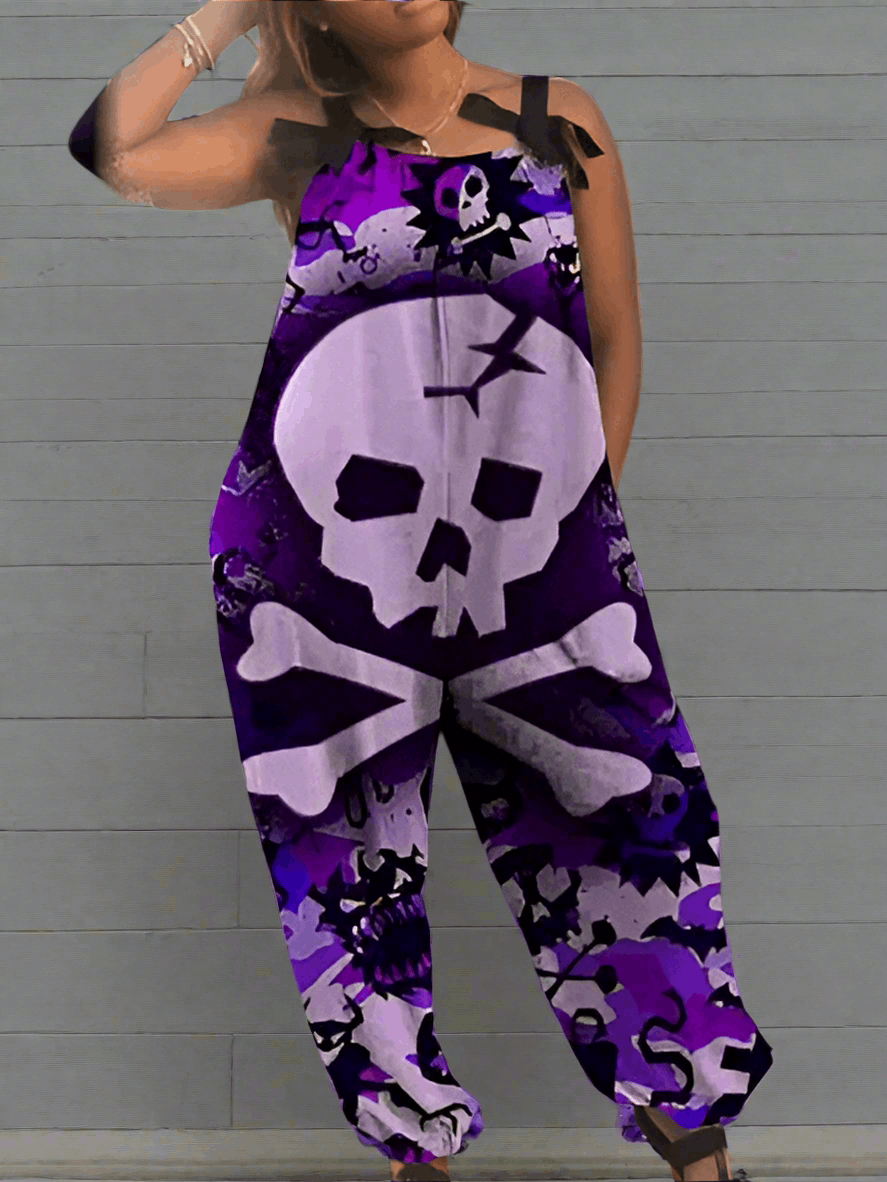 2.Women’s Gothic Skull Print Wide-Leg Jumpsuit