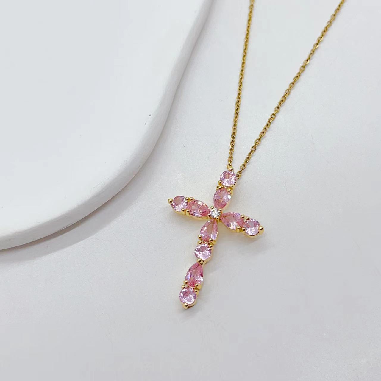 Zircon Water Drops Cross Necklace