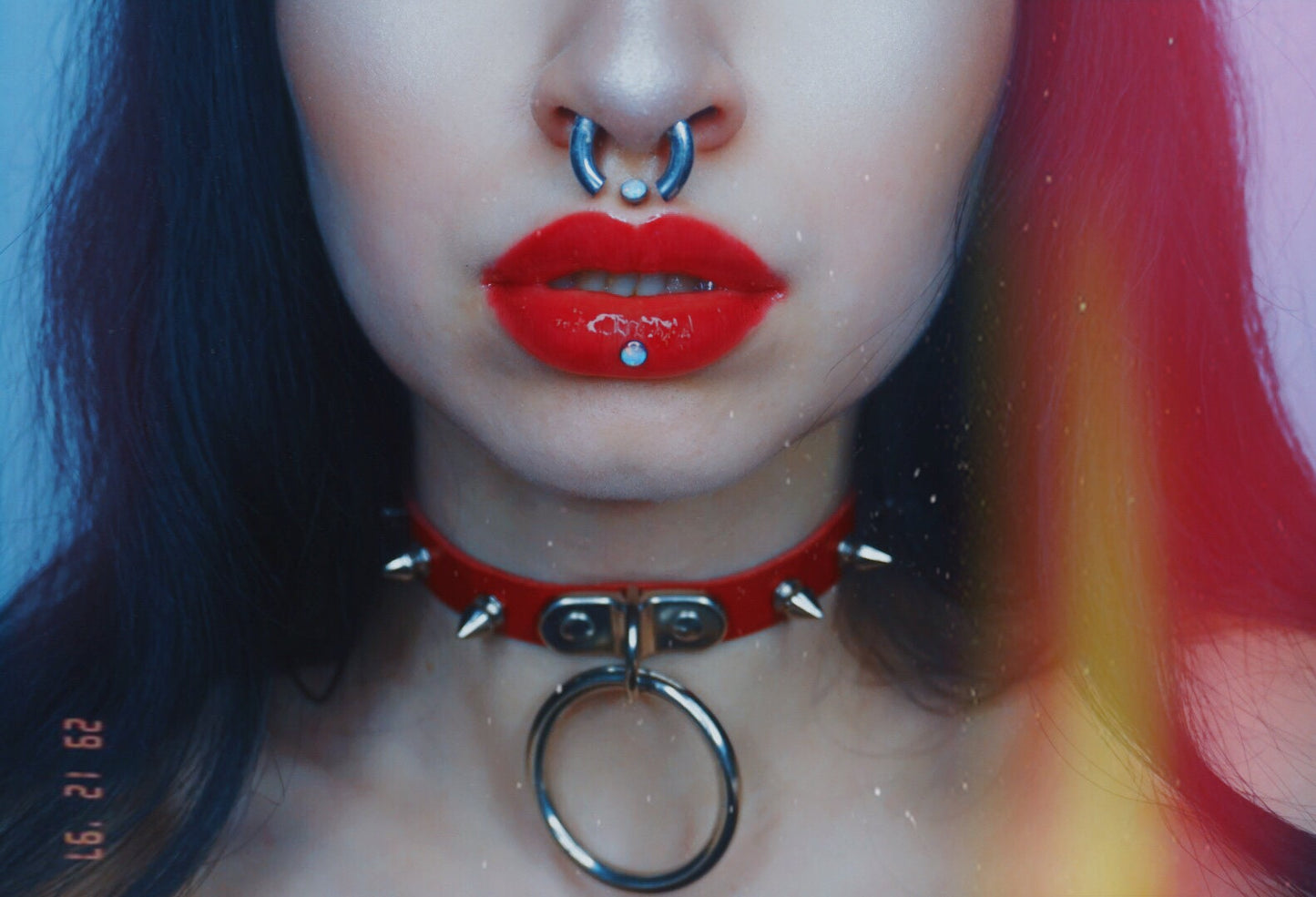 Red Leather Studded D and O Ring Choker