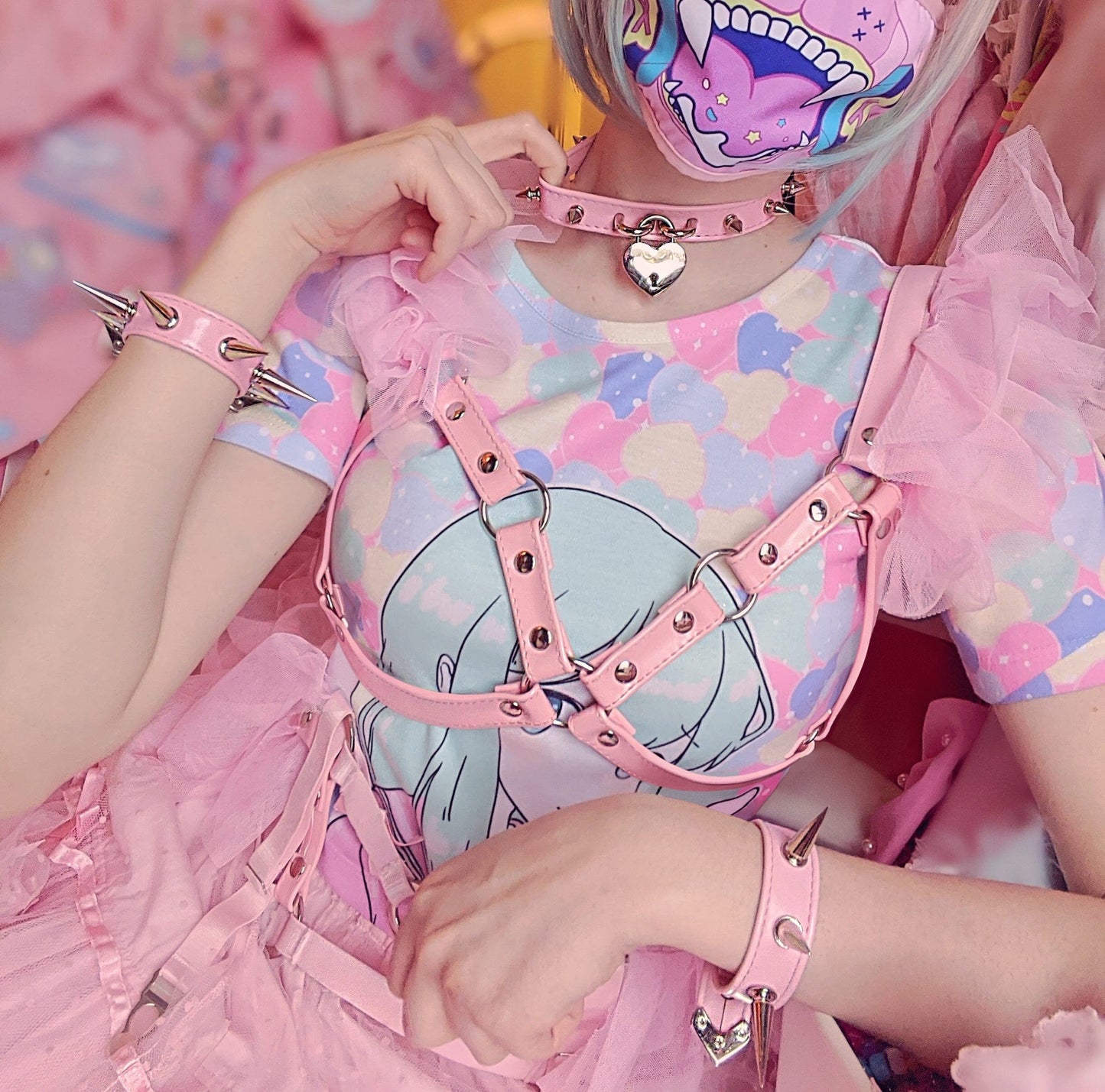 Pink Vegan Leather Ruffled Harness Bra