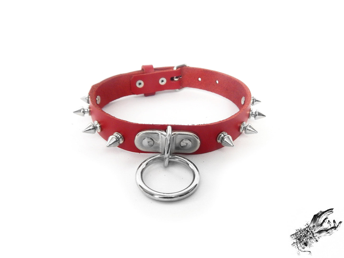 Red Leather Studded D and O Ring Choker