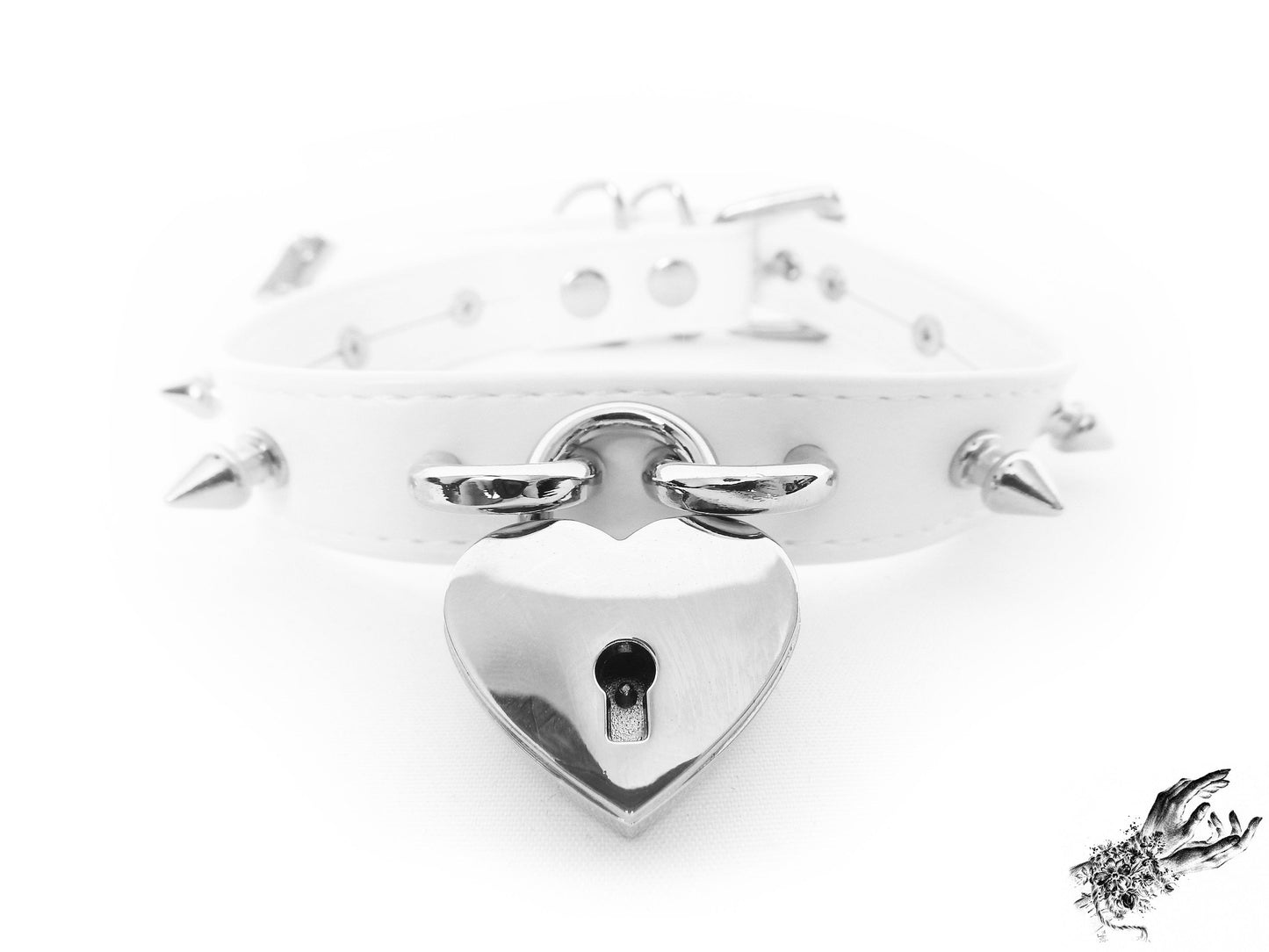 White Faux Leather Studded Heart Padlock Choker