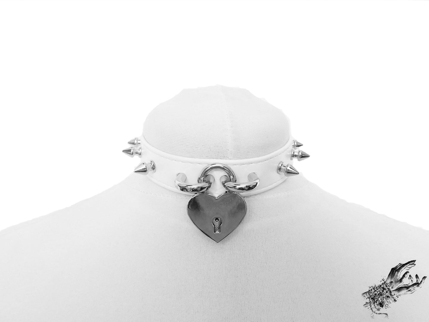 White Faux Leather Studded Heart Padlock Choker