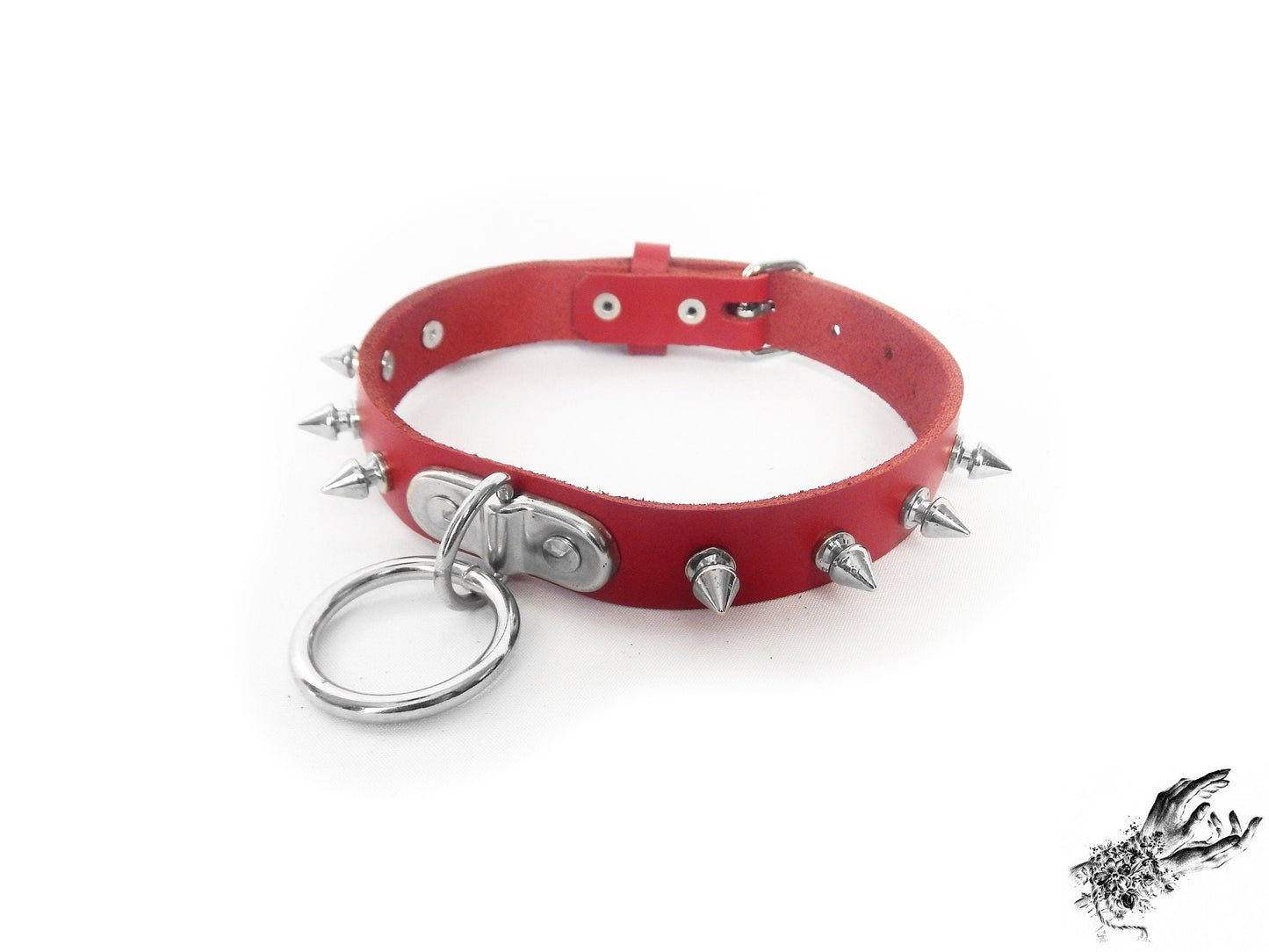 Red Leather Studded D and O Ring Choker