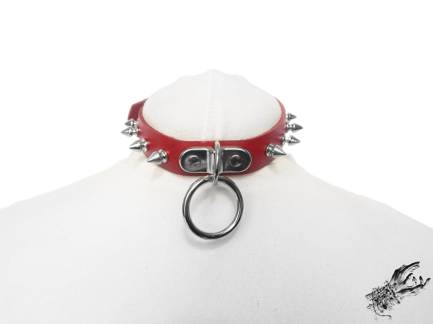 Red Leather Studded D and O Ring Choker