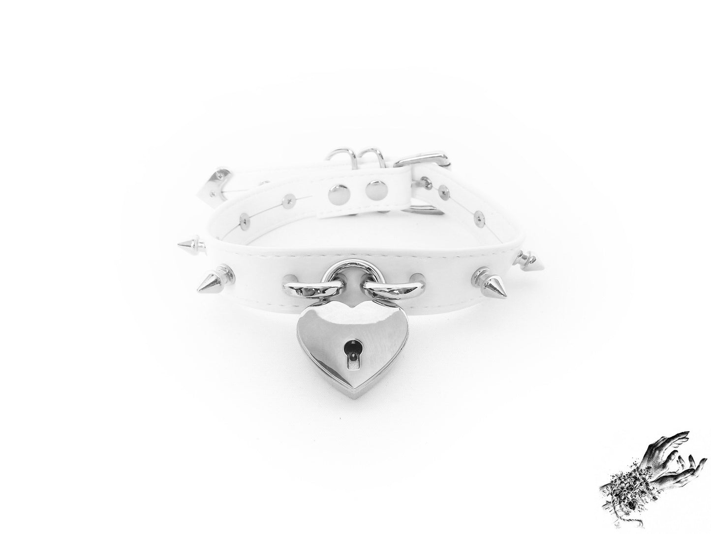 White Faux Leather Studded Heart Padlock Choker