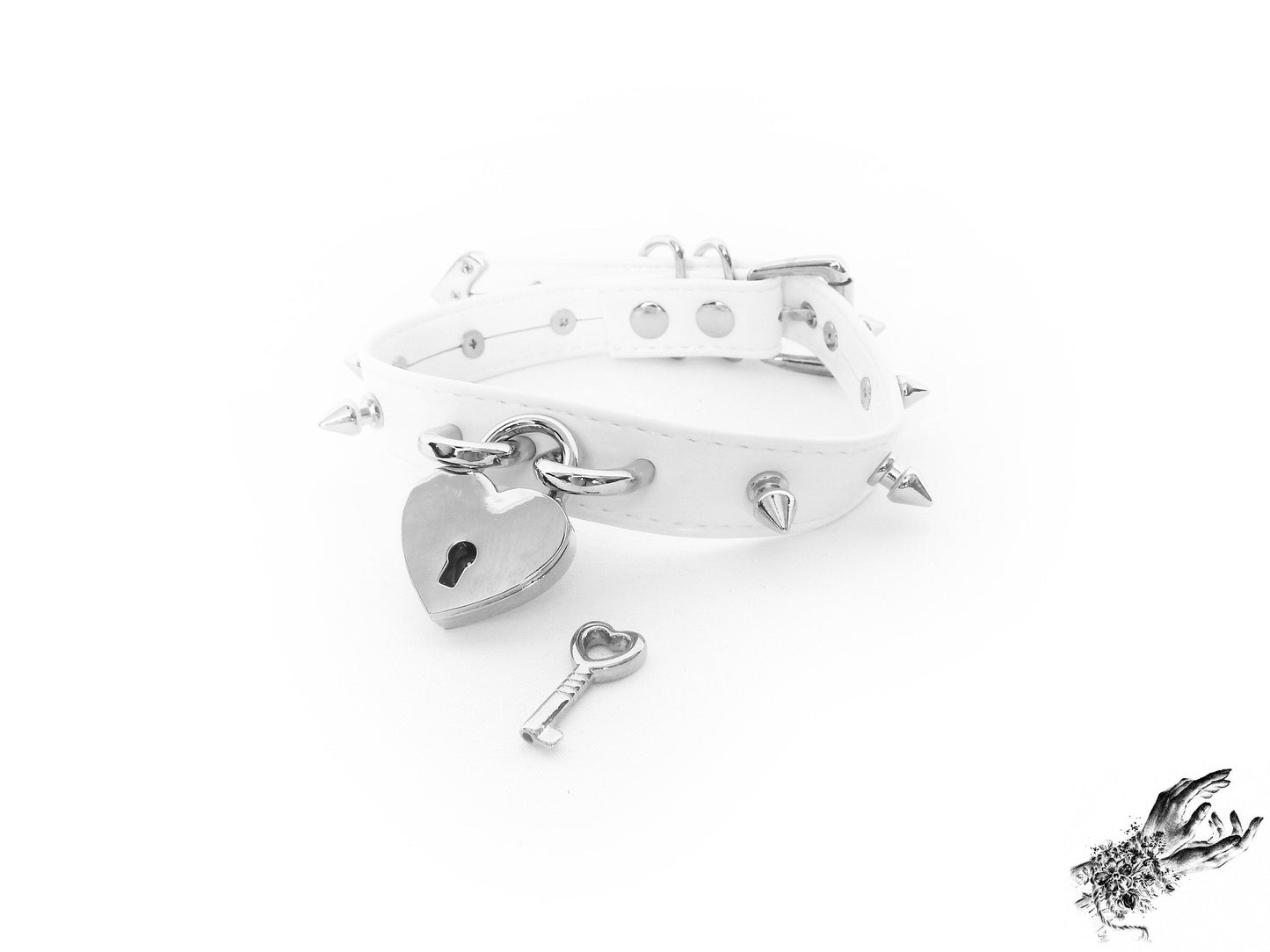 White Faux Leather Studded Heart Padlock Choker