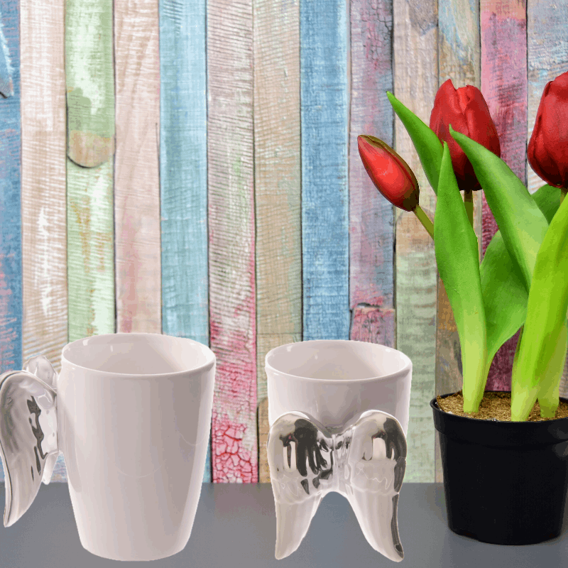 Shaped Handle Ceramic Mug - Silver Angel Wings