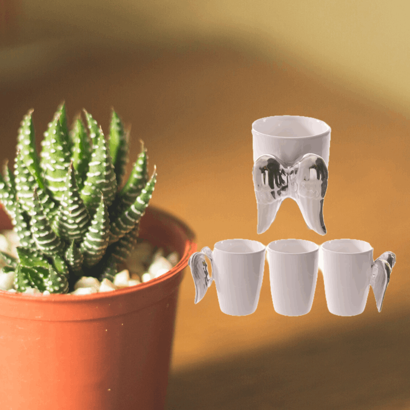 Shaped Handle Ceramic Mug - Silver Angel Wings