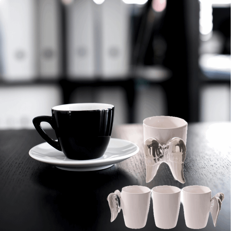 Shaped Handle Ceramic Mug - Silver Angel Wings