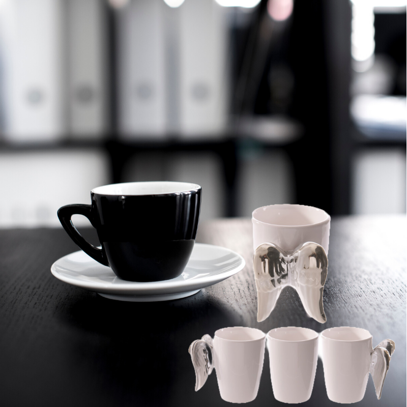 Shaped Handle Ceramic Mug - Silver Angel Wings