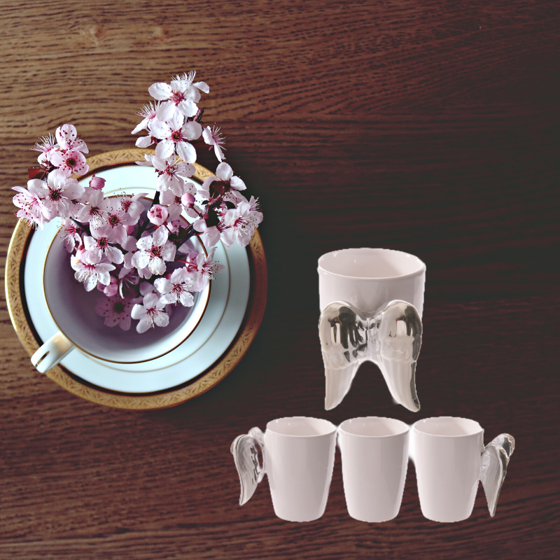 Shaped Handle Ceramic Mug - Silver Angel Wings